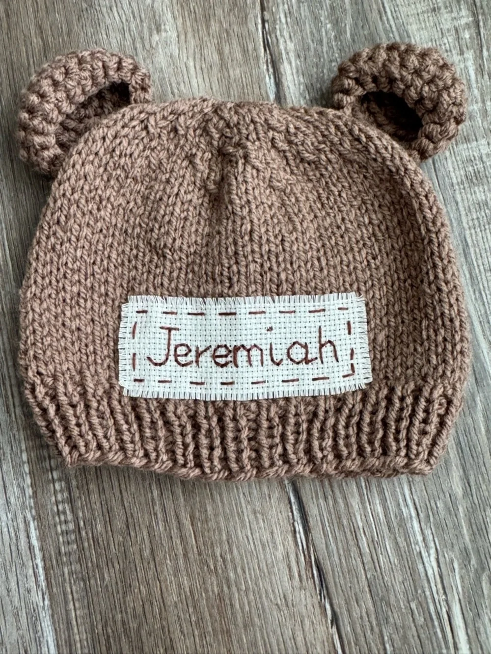 Personalized Kids Bear Beanie - Brown Knit Hat with Name Patch